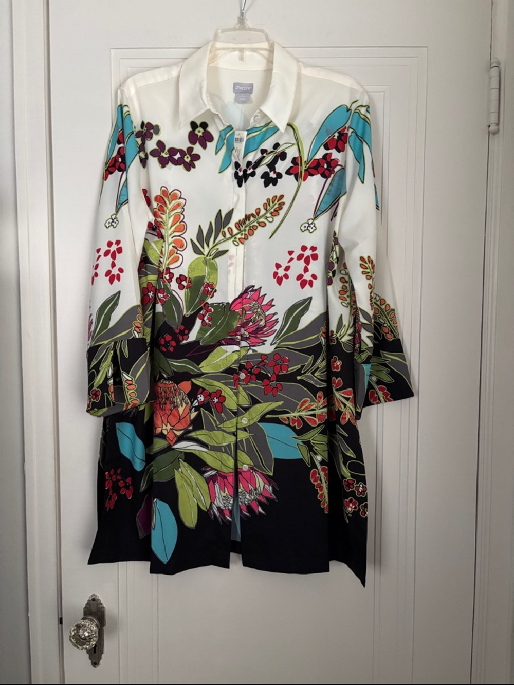Chico's White Button-Down Floral Print Long Shirt